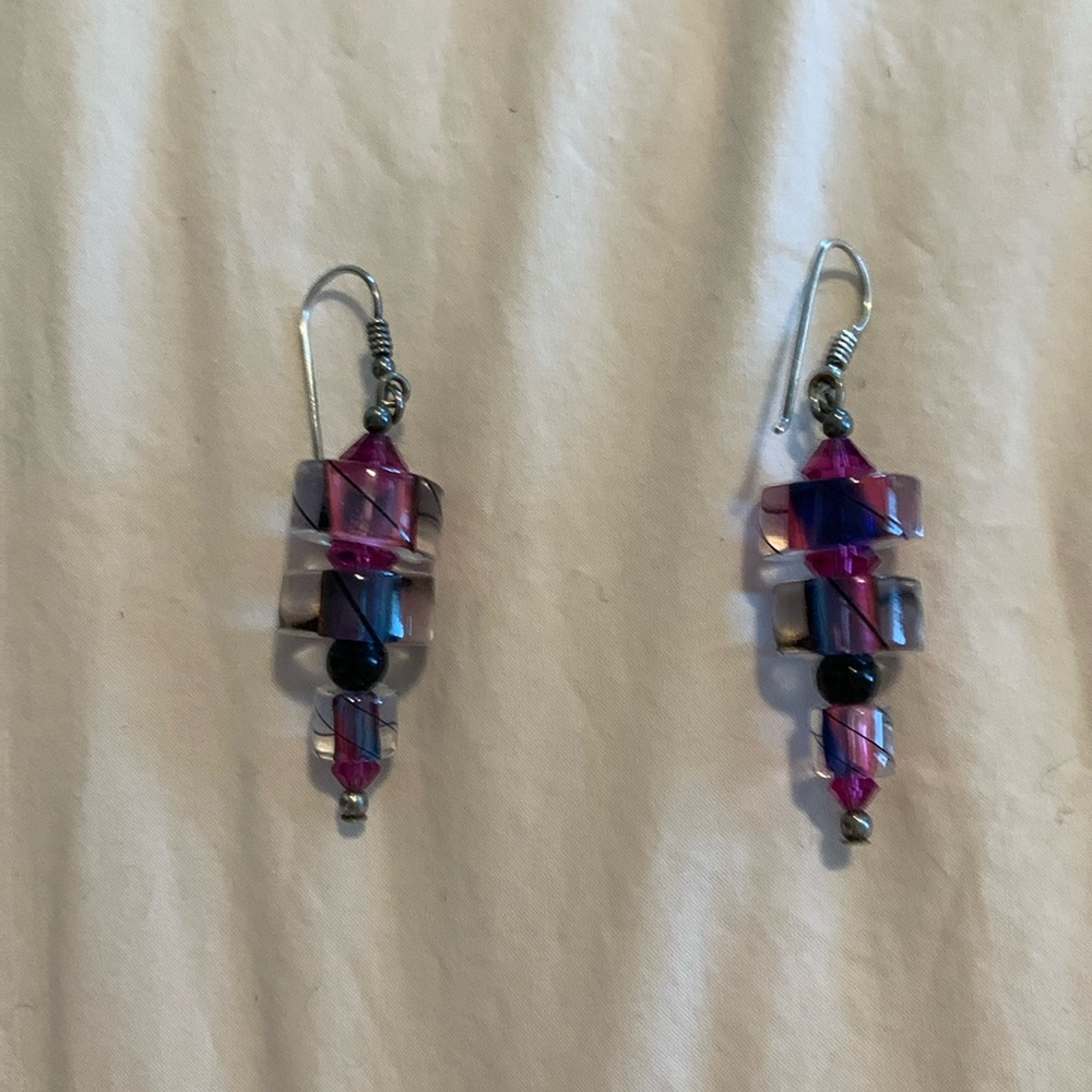 Vintage purple and black acrylic stainless steel drop earrings.